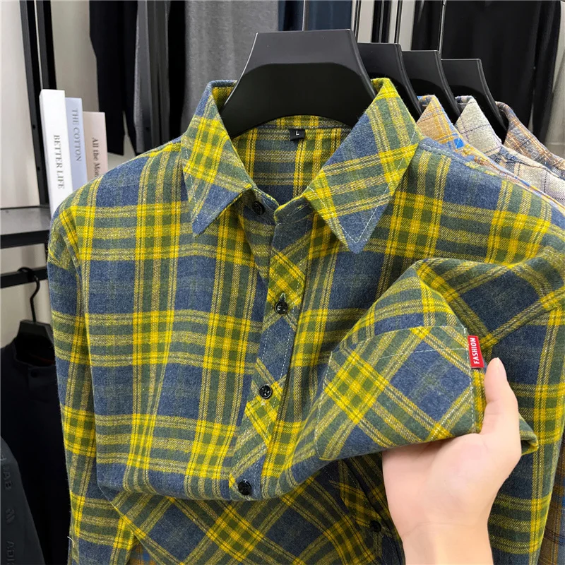 Flannel Shirt Lined - Camisas masculinas longas retrô de flanela
