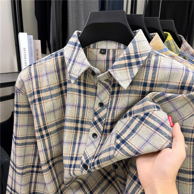 Camisas masculinas longas retr - Flannel Shirt Lined avaliação e preço